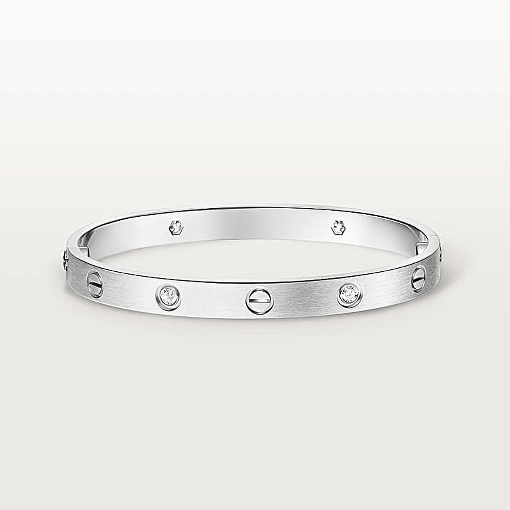 White Gold Tone Screw Motifs Love Bracelet Classic Model With Sparkling Stone