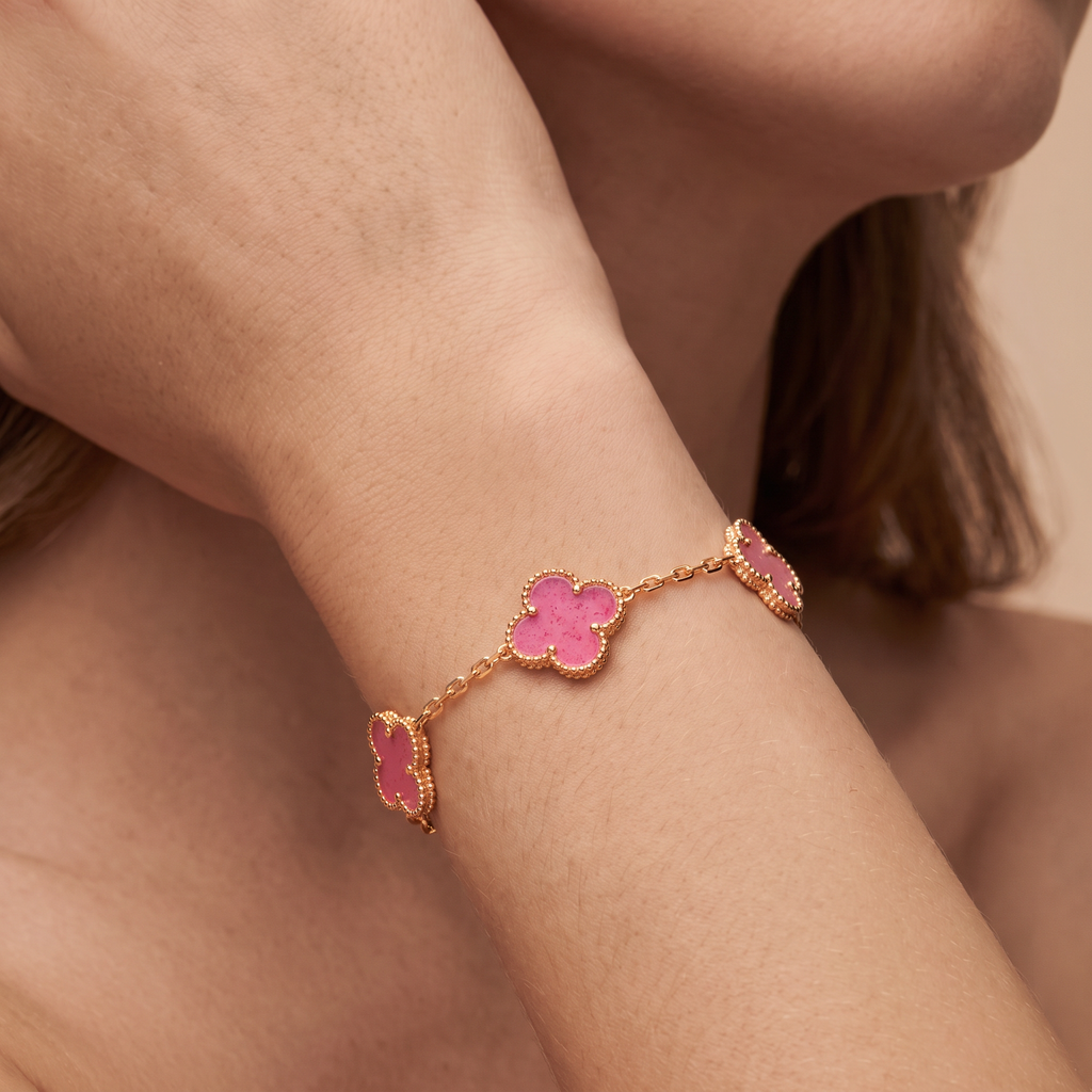 Alhambra Lucky Pink Enamel Clover 5 Motifs Bracelet