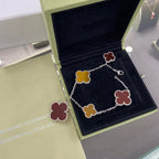 Silver Clover Bracelet for Women Carnelian and Tiger Eye 5 Motif Dangle Gift Jewelry