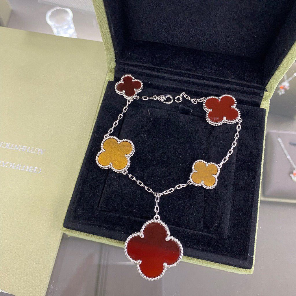 Silver Clover Bracelet for Women Carnelian and Tiger Eye 5 Motif Dangle Gift Jewelry