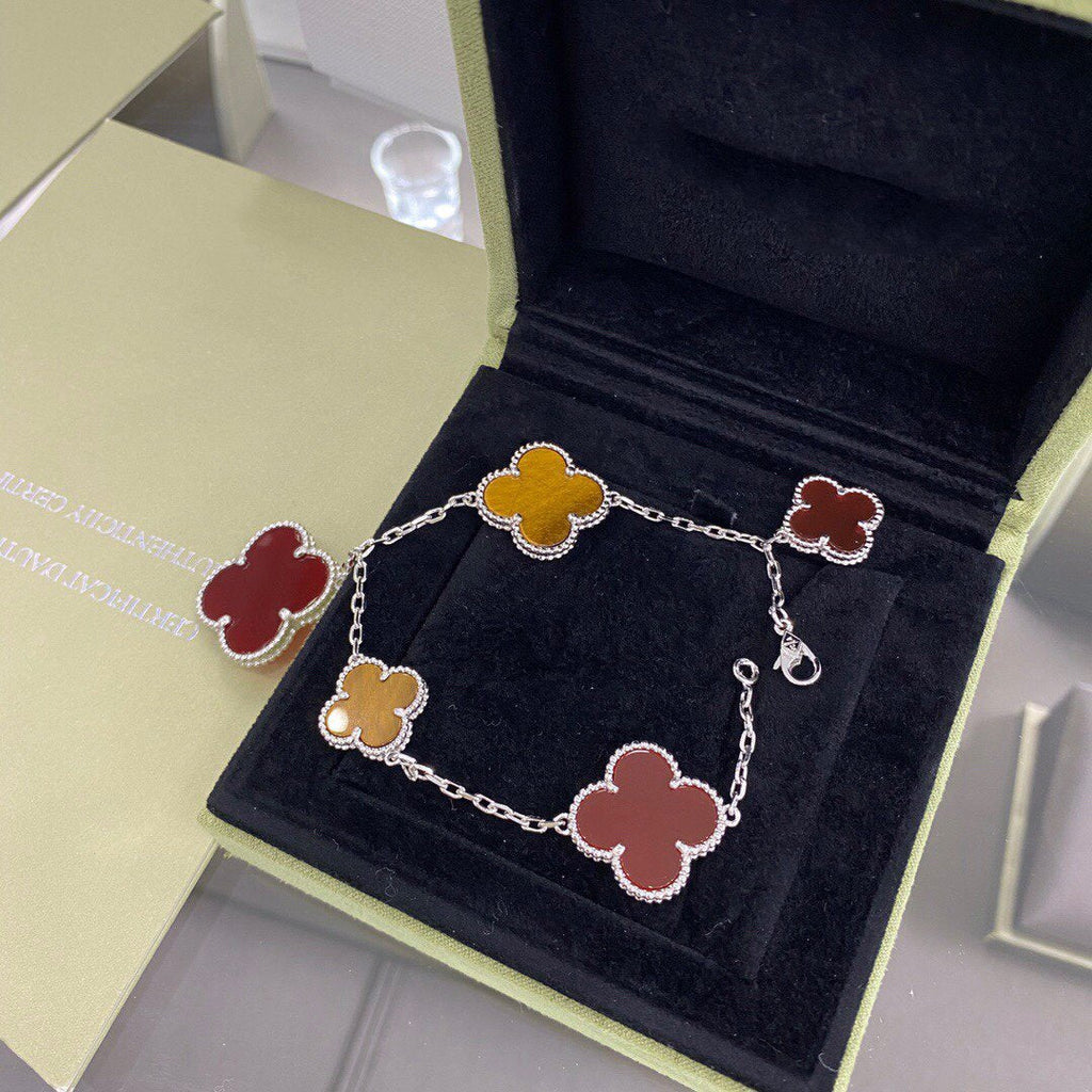 Silver Clover Bracelet for Women Carnelian and Tiger Eye 5 Motif Dangle Gift Jewelry