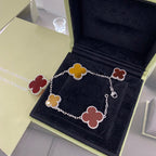 Silver Clover Bracelet for Women Carnelian and Tiger Eye 5 Motif Dangle Gift Jewelry