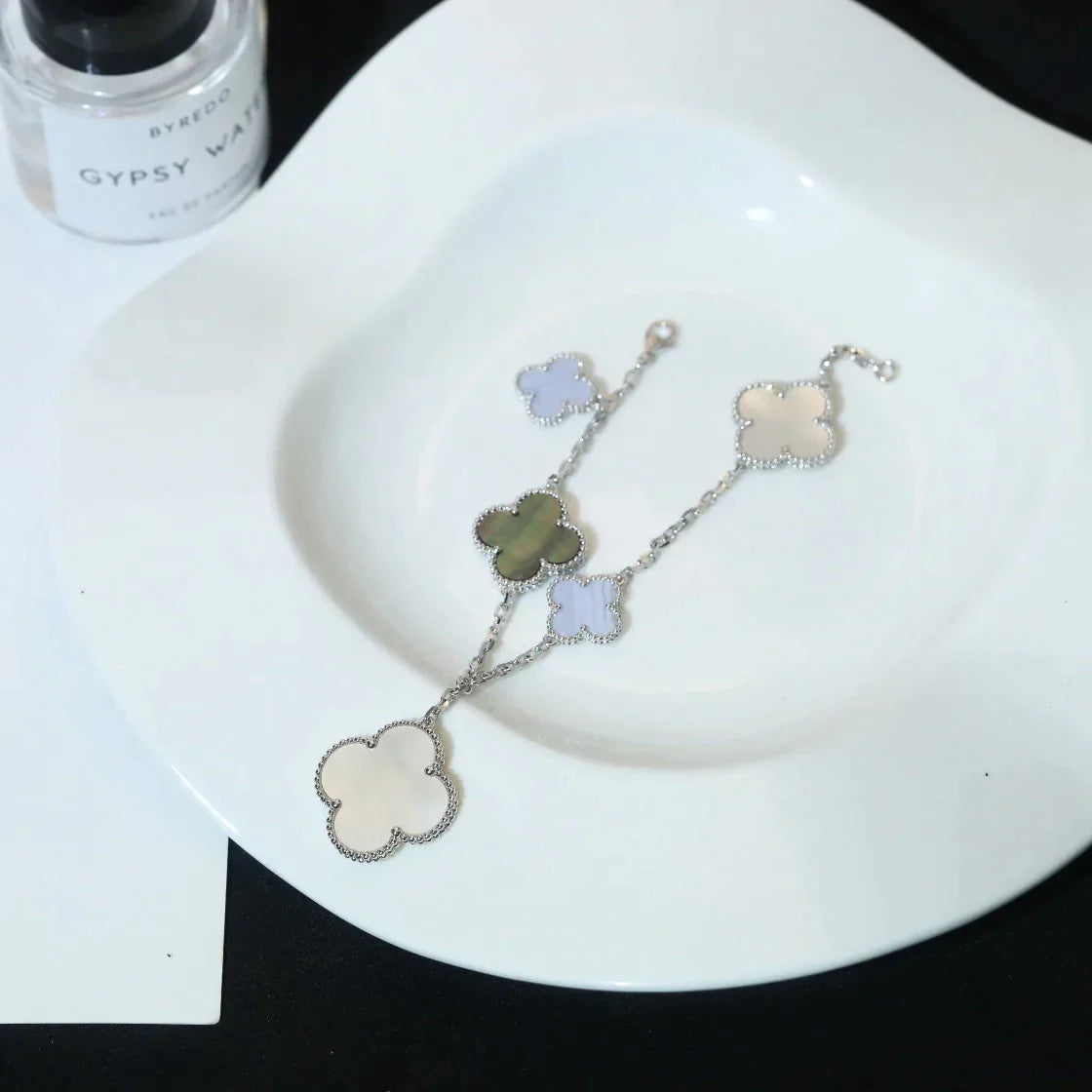 Silver Clover Bracelet for Women Chalcedony and Mother of Pearl 5 Motif Dangle Gift Jewelry