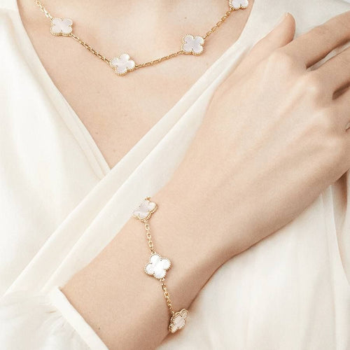 Gold Clover Bracelet for Women White Mother of Pearl 5 Motif Gift Jewelry