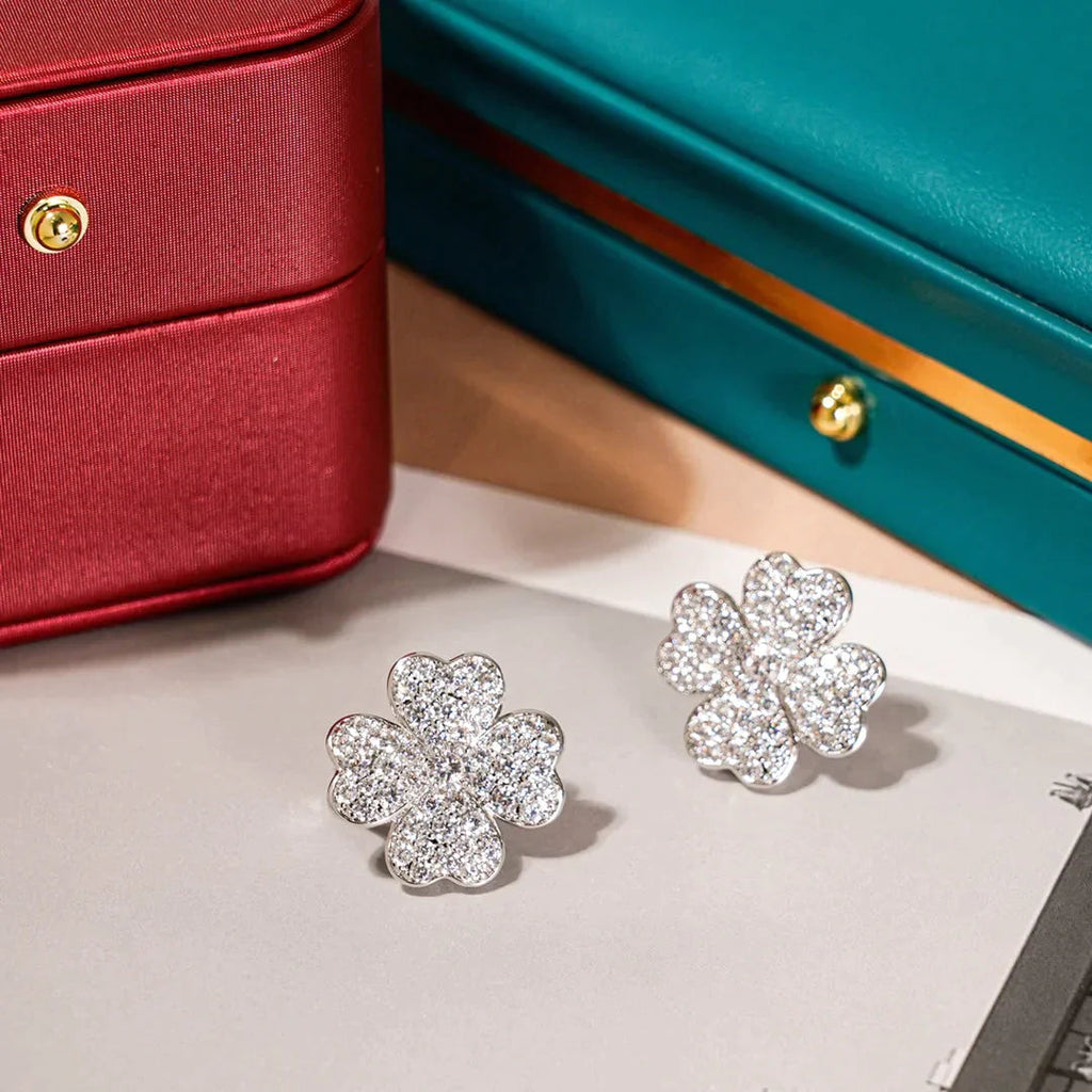 Clover Earrings Silver Diamond Stud Sparkling Elegant High Quality
