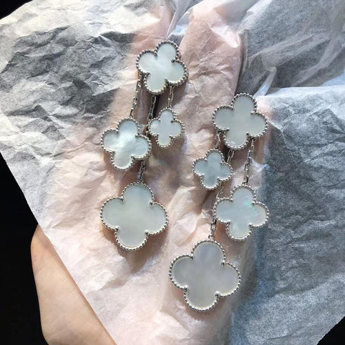 Clover Earrings White Mother of Pearl 4 Motifs Silver Drop Design High Quality
