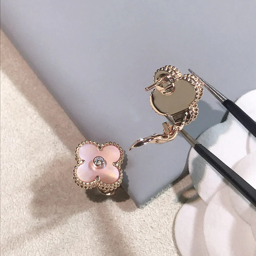 Clover Earrings Gold Pink Mother of Pearl Diamond Accent High Quality