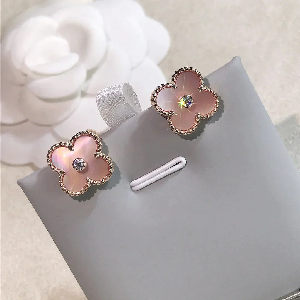 Clover Earrings Gold Pink Mother of Pearl Diamond Accent High Quality