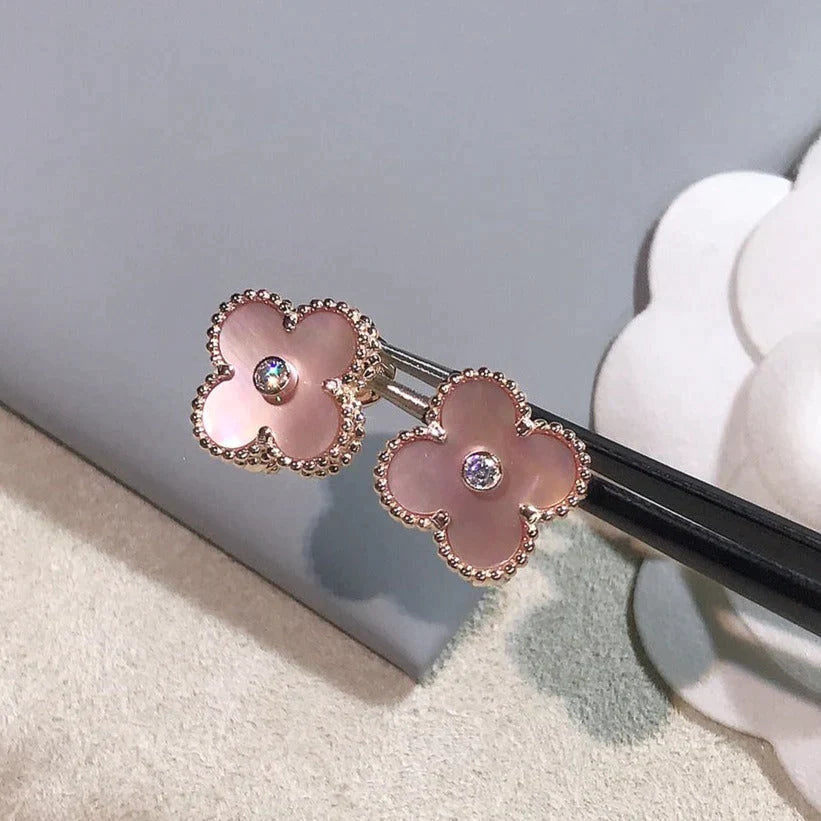 Clover Earrings Gold Pink Mother of Pearl Diamond Accent High Quality