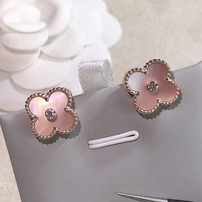 Clover Earrings Gold Pink Mother of Pearl Diamond Accent High Quality