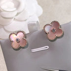 Clover Earrings Gold Pink Mother of Pearl Diamond Accent High Quality