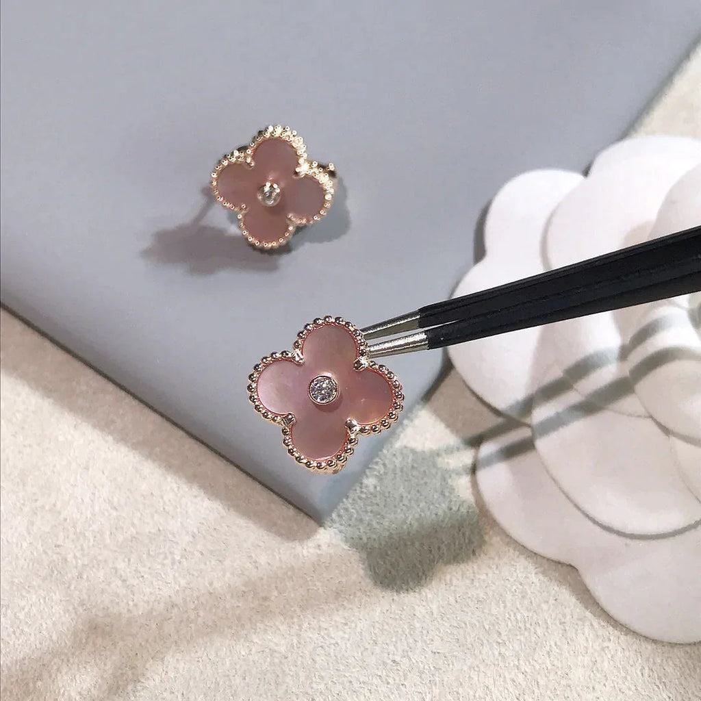 Clover Earrings Gold Pink Mother of Pearl Diamond Accent High Quality