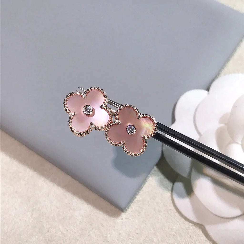 Clover Earrings Gold Pink Mother of Pearl Diamond Accent High Quality
