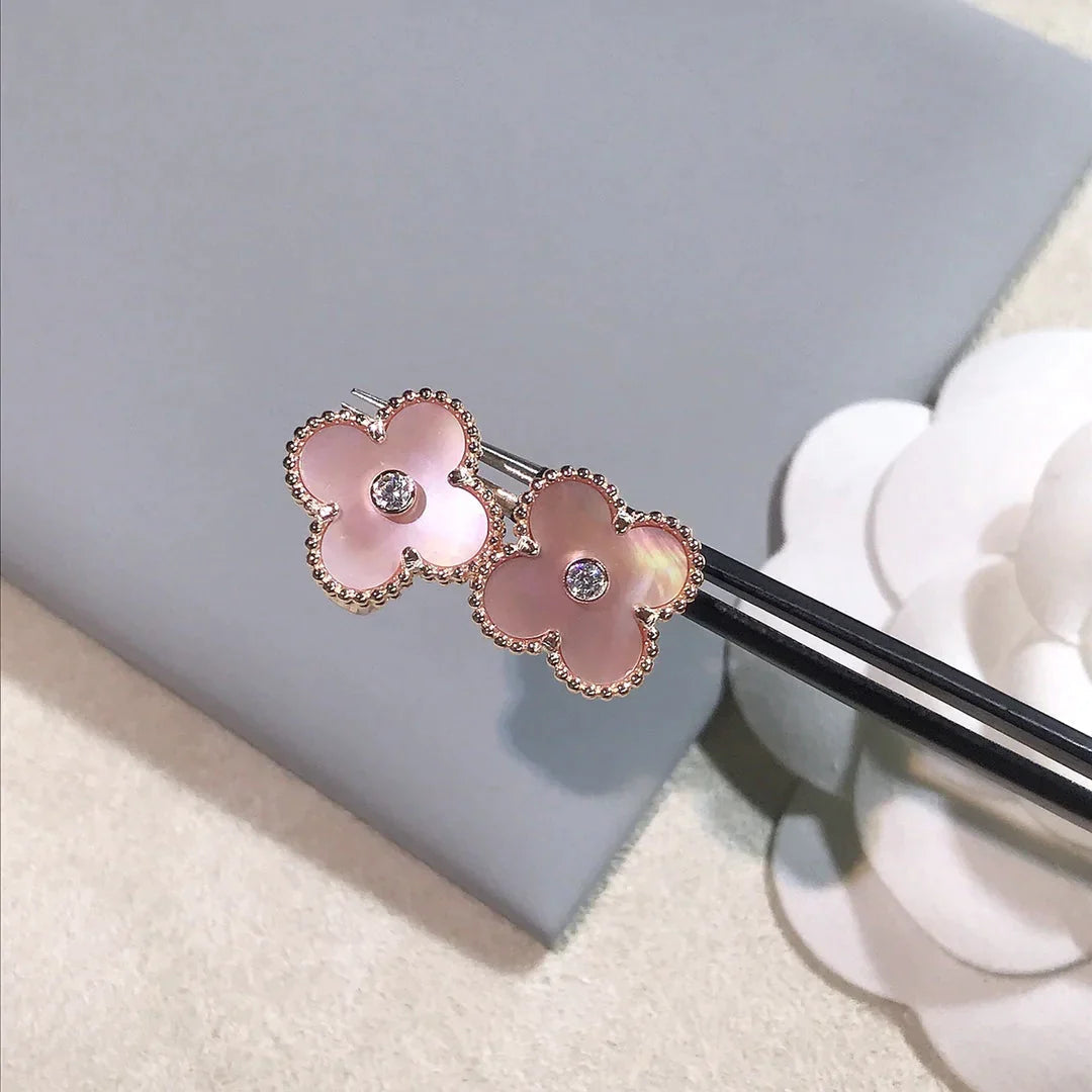 Clover Earrings Gold Pink Mother of Pearl Diamond Accent High Quality