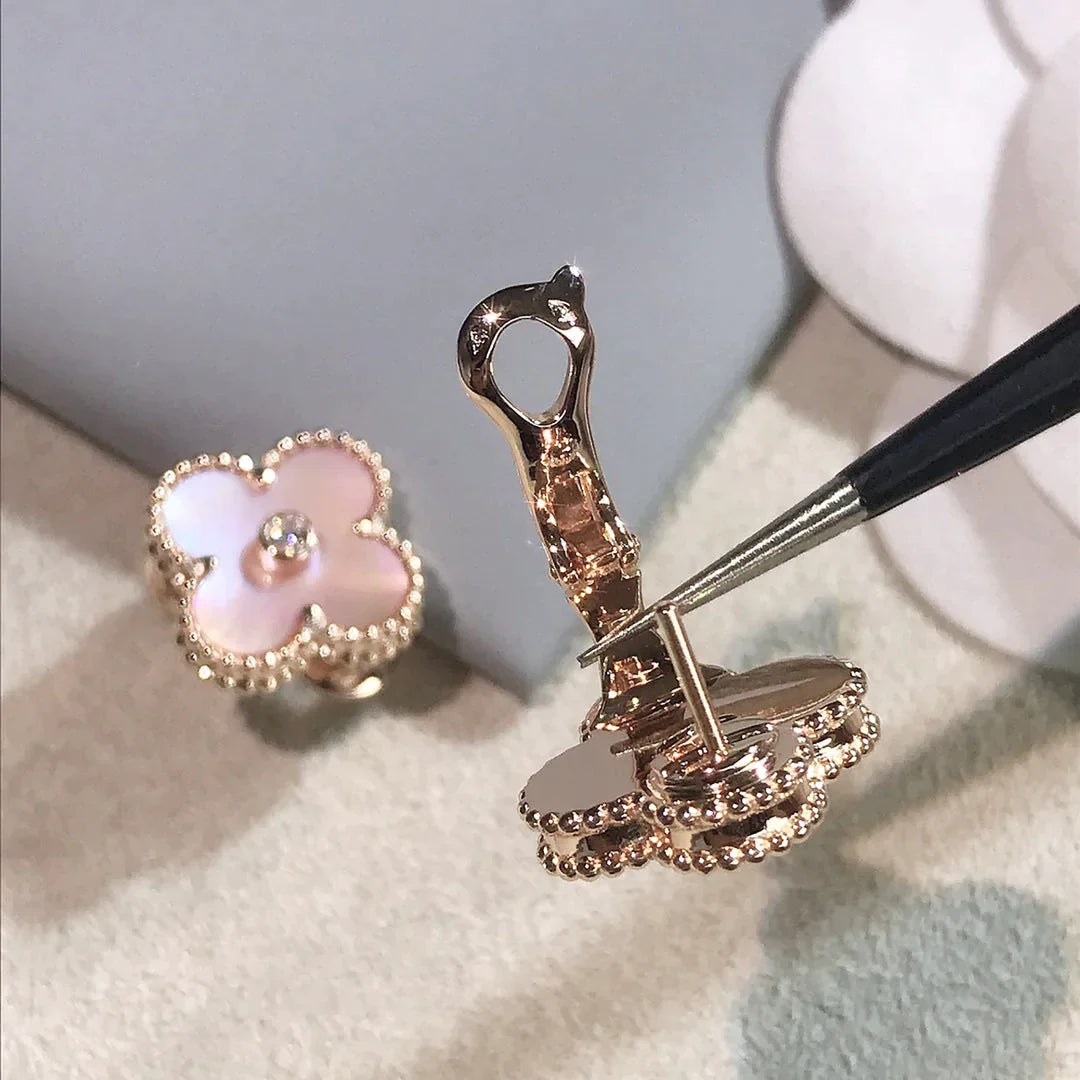 Clover Earrings Gold Pink Mother of Pearl Diamond Accent High Quality