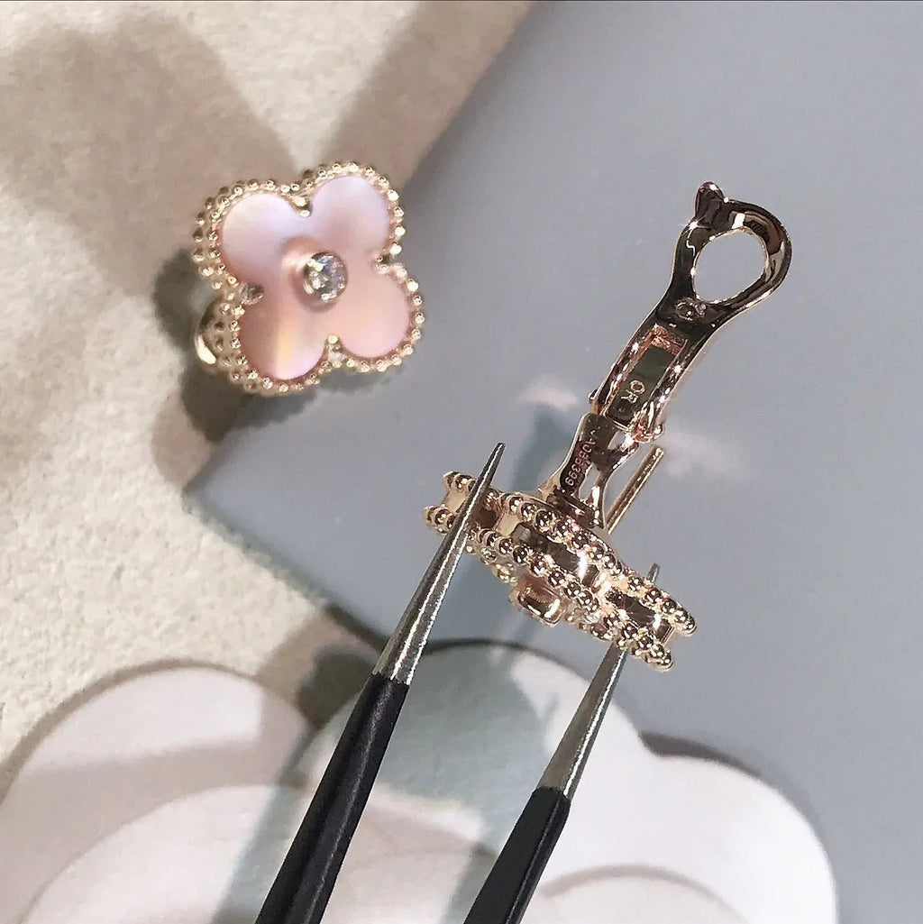 Clover Earrings Gold Pink Mother of Pearl Diamond Accent High Quality