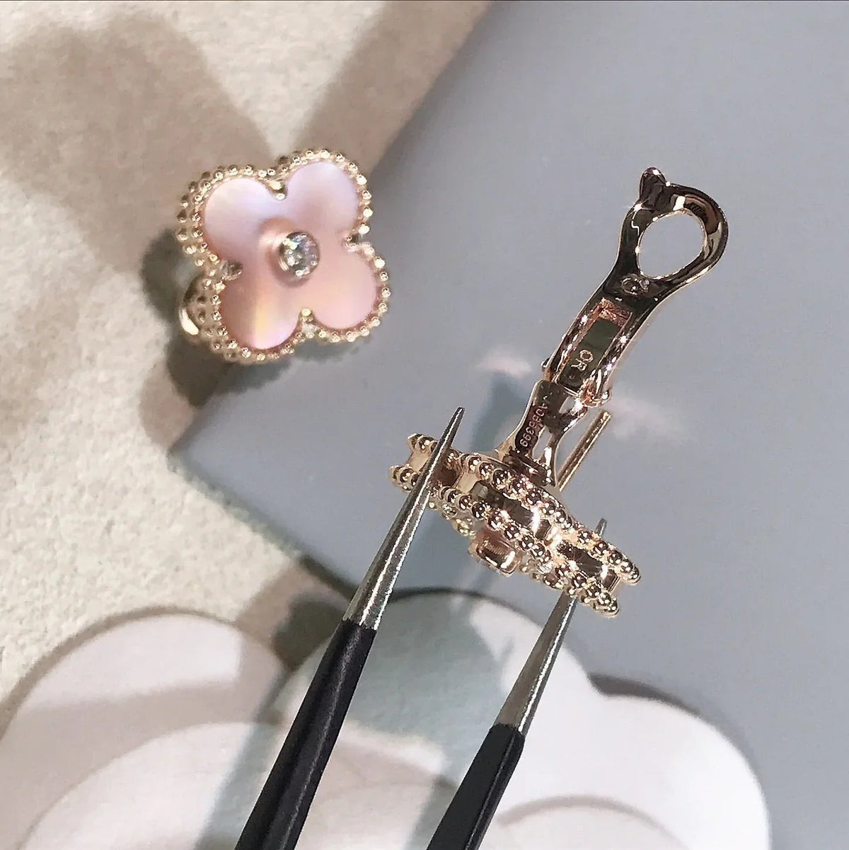 Clover Earrings Gold Pink Mother of Pearl Diamond Accent High Quality