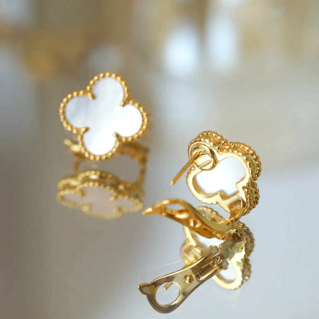 Clover Earrings Medium Yellow Gold Plated White Mother of Pearl Motif High Quality