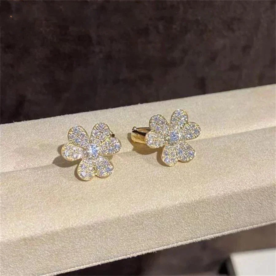 Clover Earrings Frivole Gold Flower Full Diamond Stud High Quality