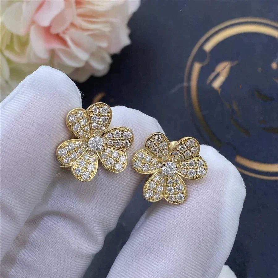 Clover Earrings Frivole Gold Flower Full Diamond Stud High Quality