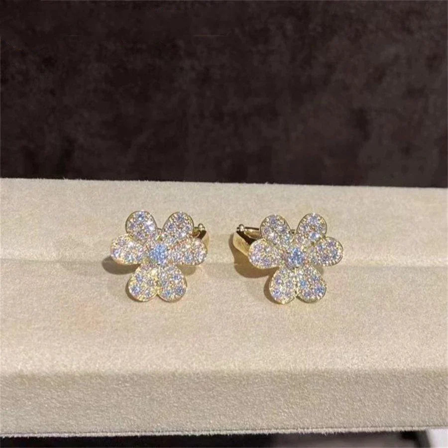 Clover Earrings Frivole Gold Flower Full Diamond Stud High Quality