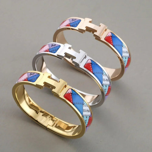 H Bracelet Bangle Multicolor Enamel Dotted Border 12mm Luxury Design High Quality