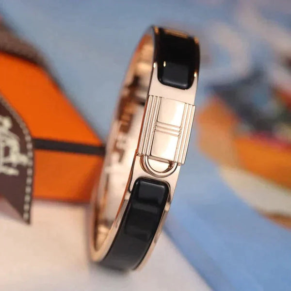 H Lock Bracelet Pink Gold Black Enamel 12mm High Quality