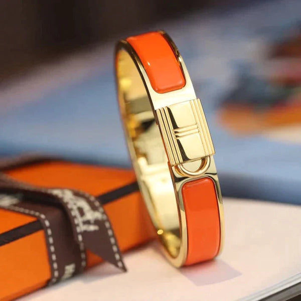 H Lock Bracelet Gold Orange Enamel 12mm High Quality