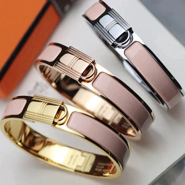 H Lock Bracelet Gold Pink Enamel 12mm High Quality