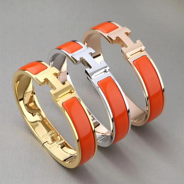 H Bracelet Bangle Orange Enamel Gold Tone High Quality