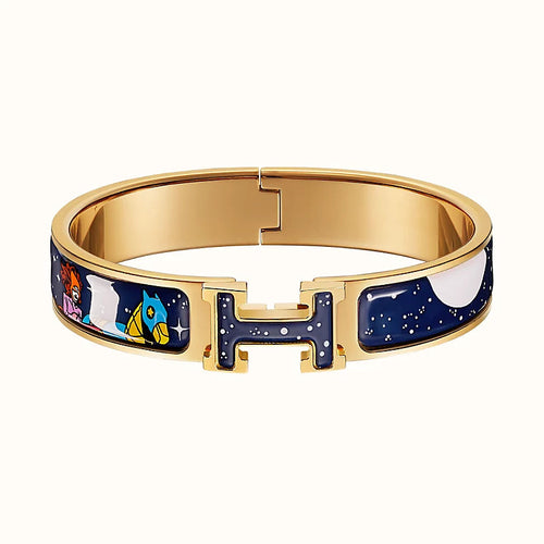 H Bracelet Bangle Gold Enamel Blue Star Moon Pattern 12MM High Quality