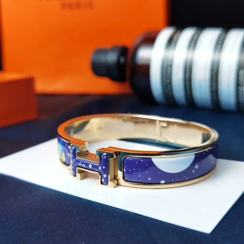 H Bracelet Bangle Gold Enamel Blue Star Moon Pattern 12MM High Quality