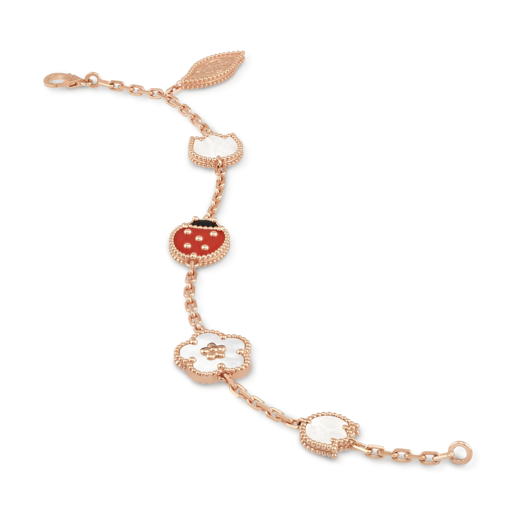 Rose Gold Charm Bracelet for Women Multi Motif Ladybug Flower Leaf Gift Jewelry