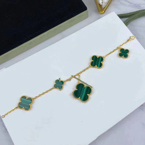 Gold Clover Bracelet for Women Malachite 5 Motif Dangle Gift Jewelry