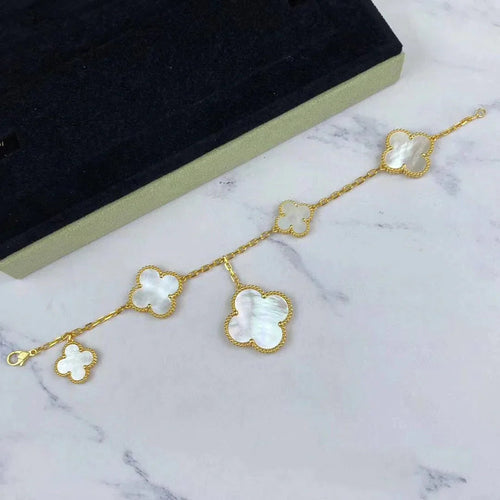 Gold Clover Bracelet for Women White Mother of Pearl 5 Motif Dangle Gift Jewelry