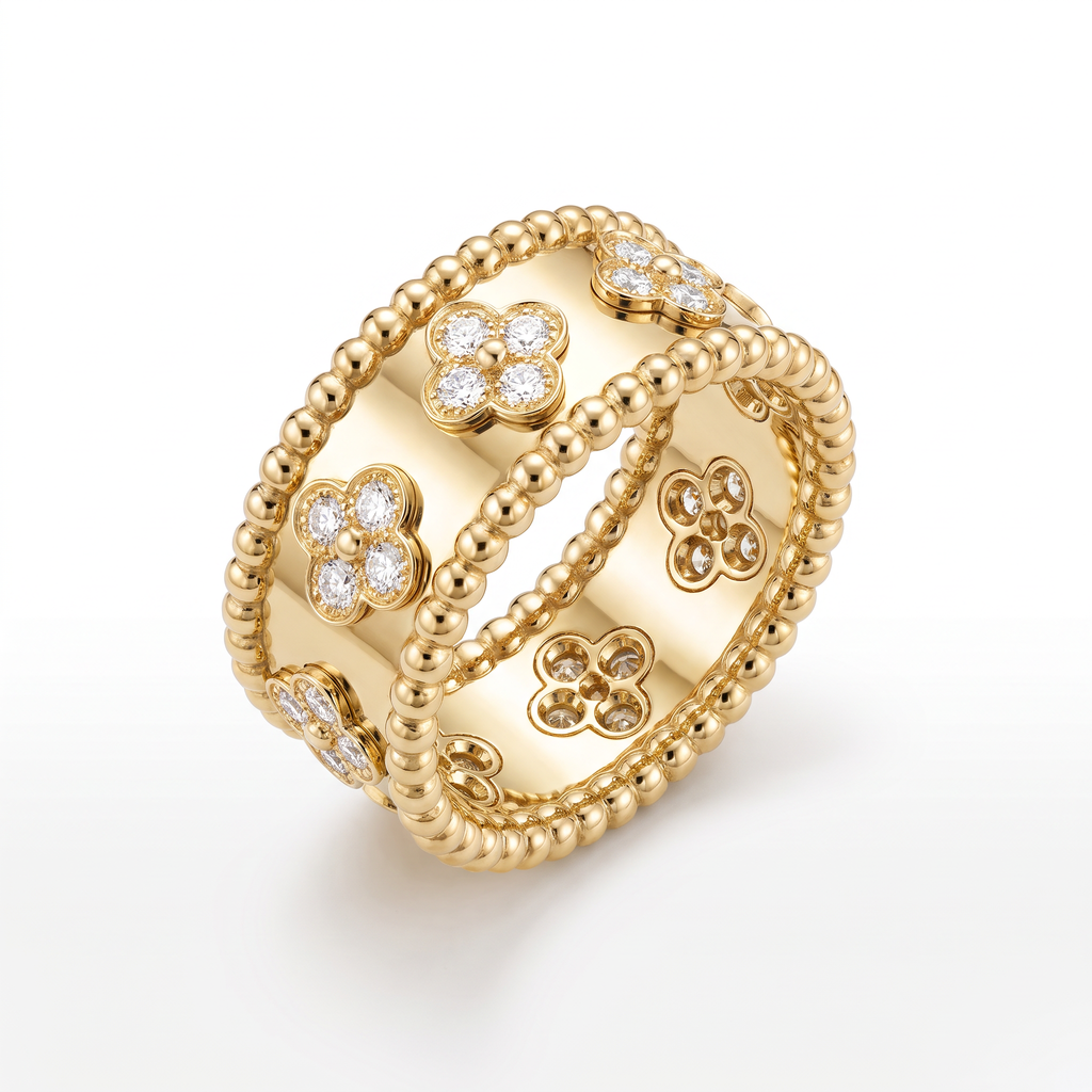 Medium Perlée Clover Diamonds Band Ring
