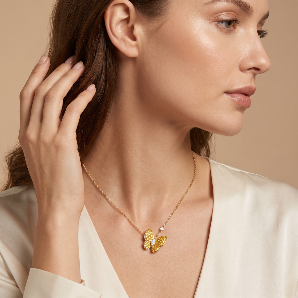 Two Butterfly Gemstone Paved Necklace