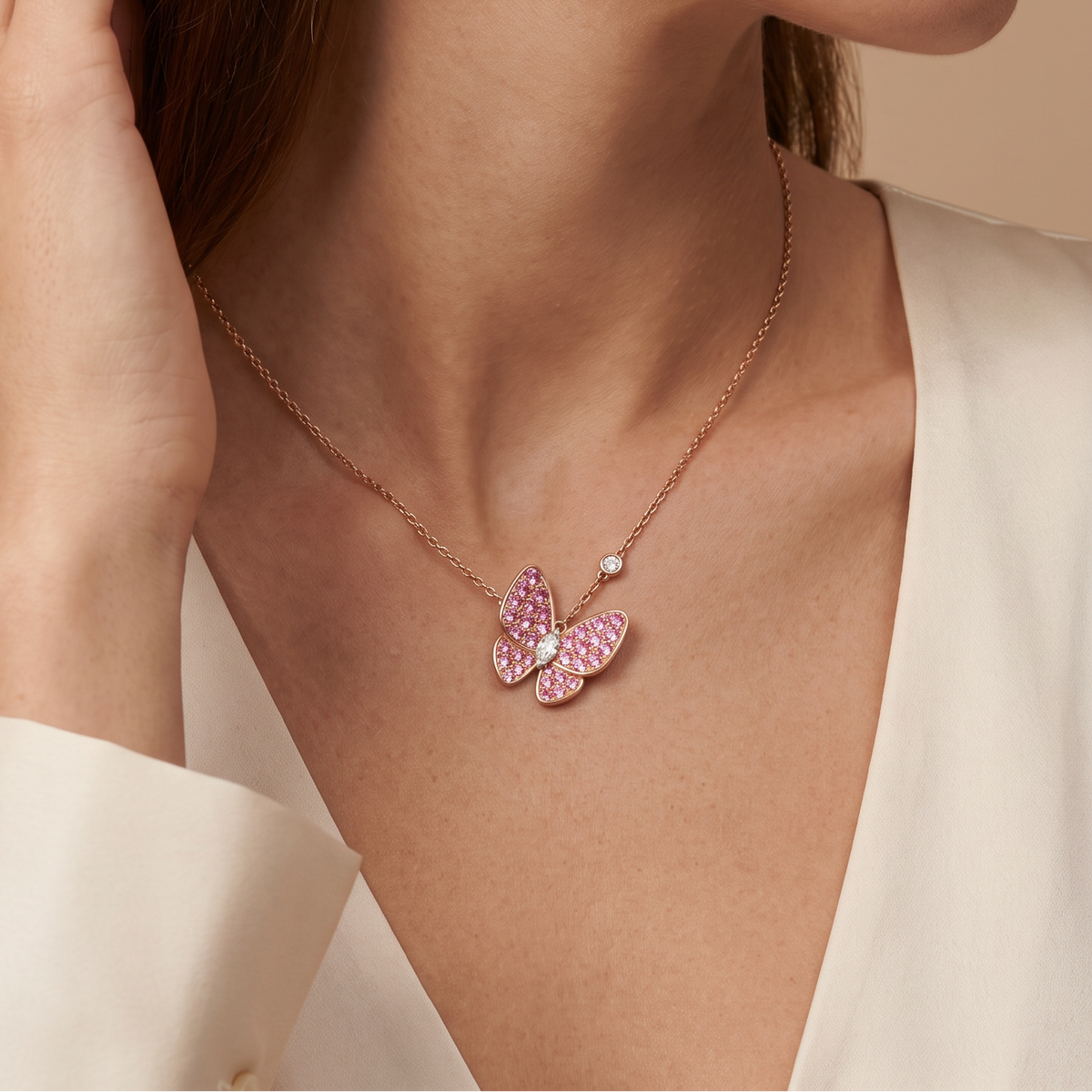 Two Butterfly Gemstone Paved Necklace