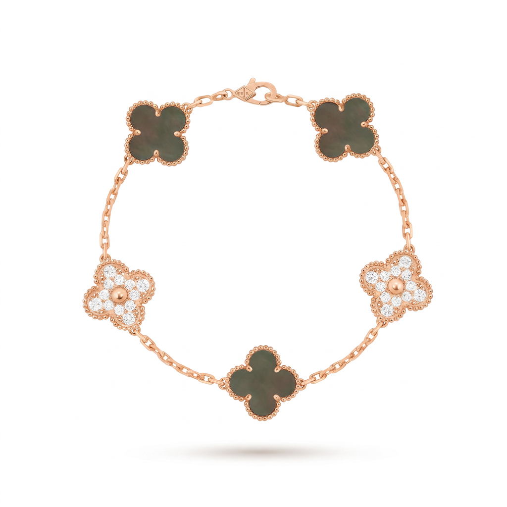 Vintage Alhambra Black Pearl And Pavé Clover 5 Motifs Bracelet