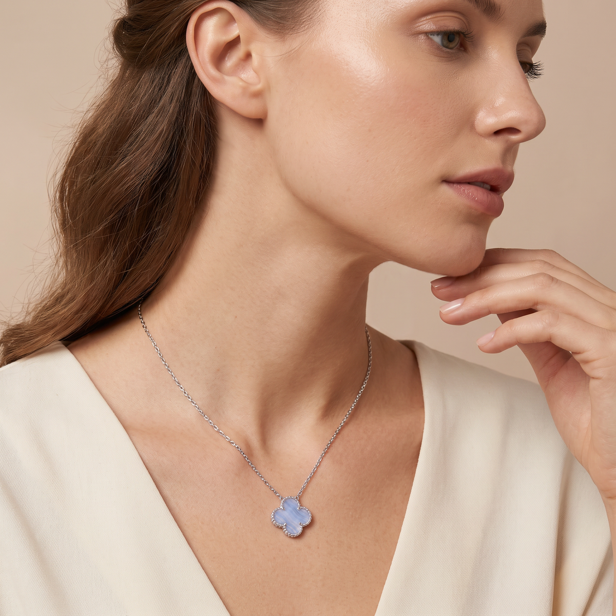 Vintage Alhambra Blue Chalcedony Clover 1 Motifs Necklace