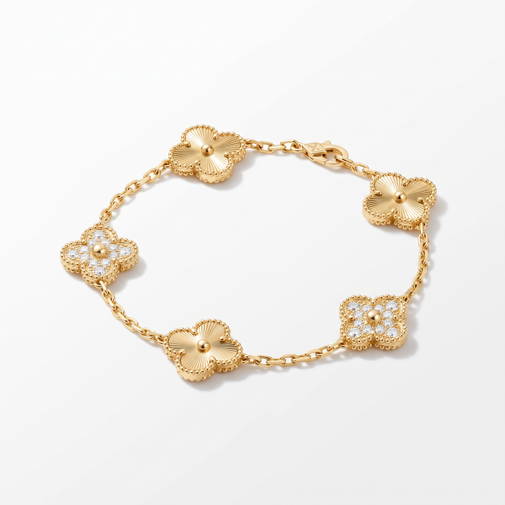 Vintage Alhambra Fluted And Pavé Clover 5 Motifs Bracelet