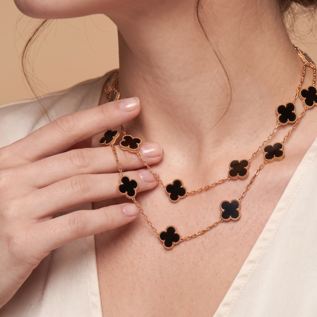 Vintage Alhambra  Onyx Clover 20 Motifs Long Necklace