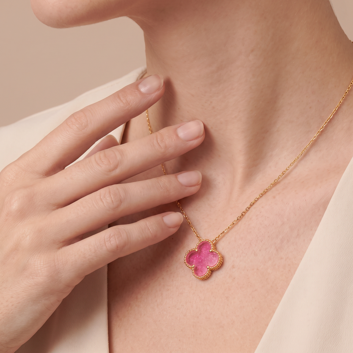 Vintage Alhambra Pink Enamel Lucky Icon 1 Motif Pendant Necklace