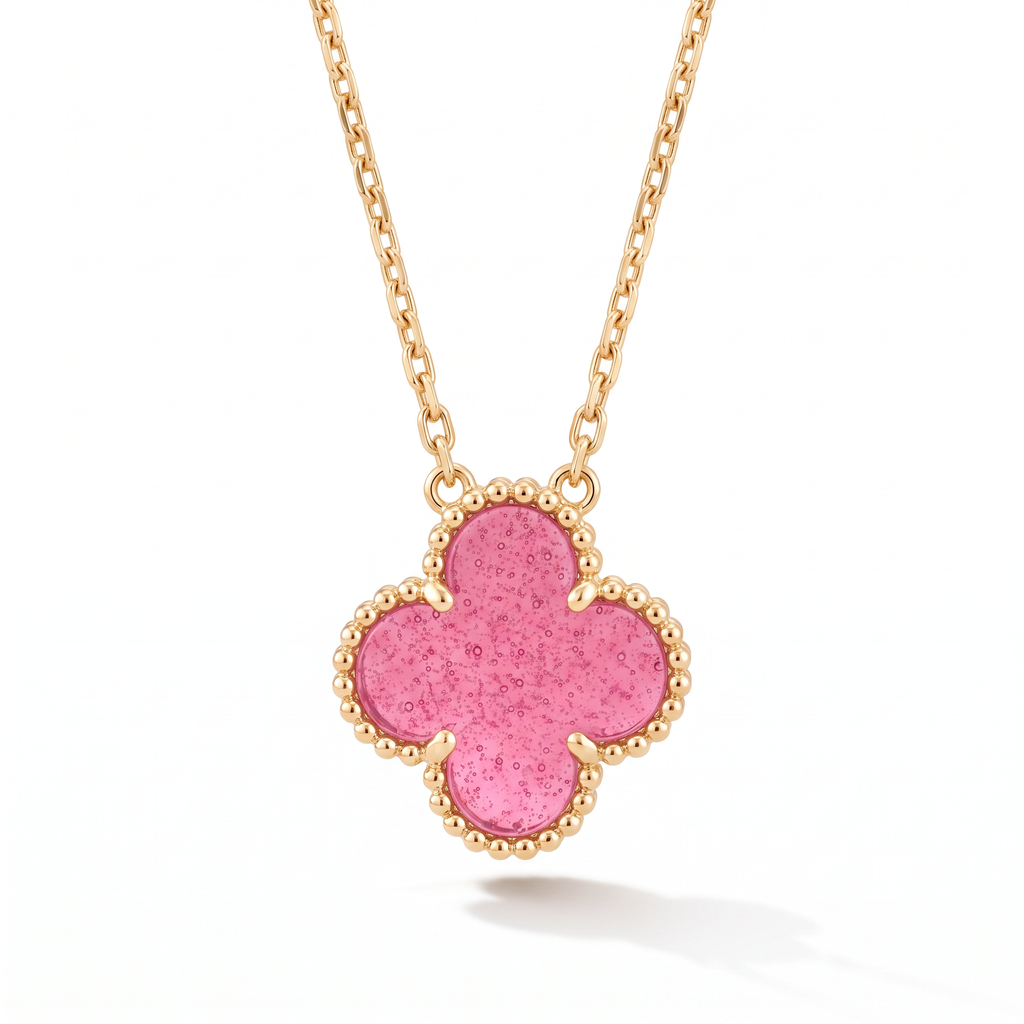 Vintage Alhambra Pink Enamel Lucky Icon 1 Motif Pendant Necklace
