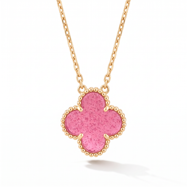 Vintage Alhambra Pink Enamel Lucky Icon 1 Motif Pendant Necklace