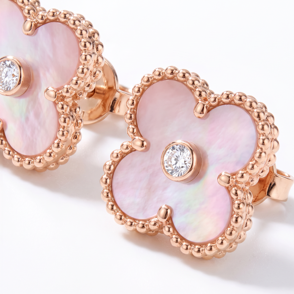 Vintage Alhambra Pink Pearl 1 Diamond Clover Earrings