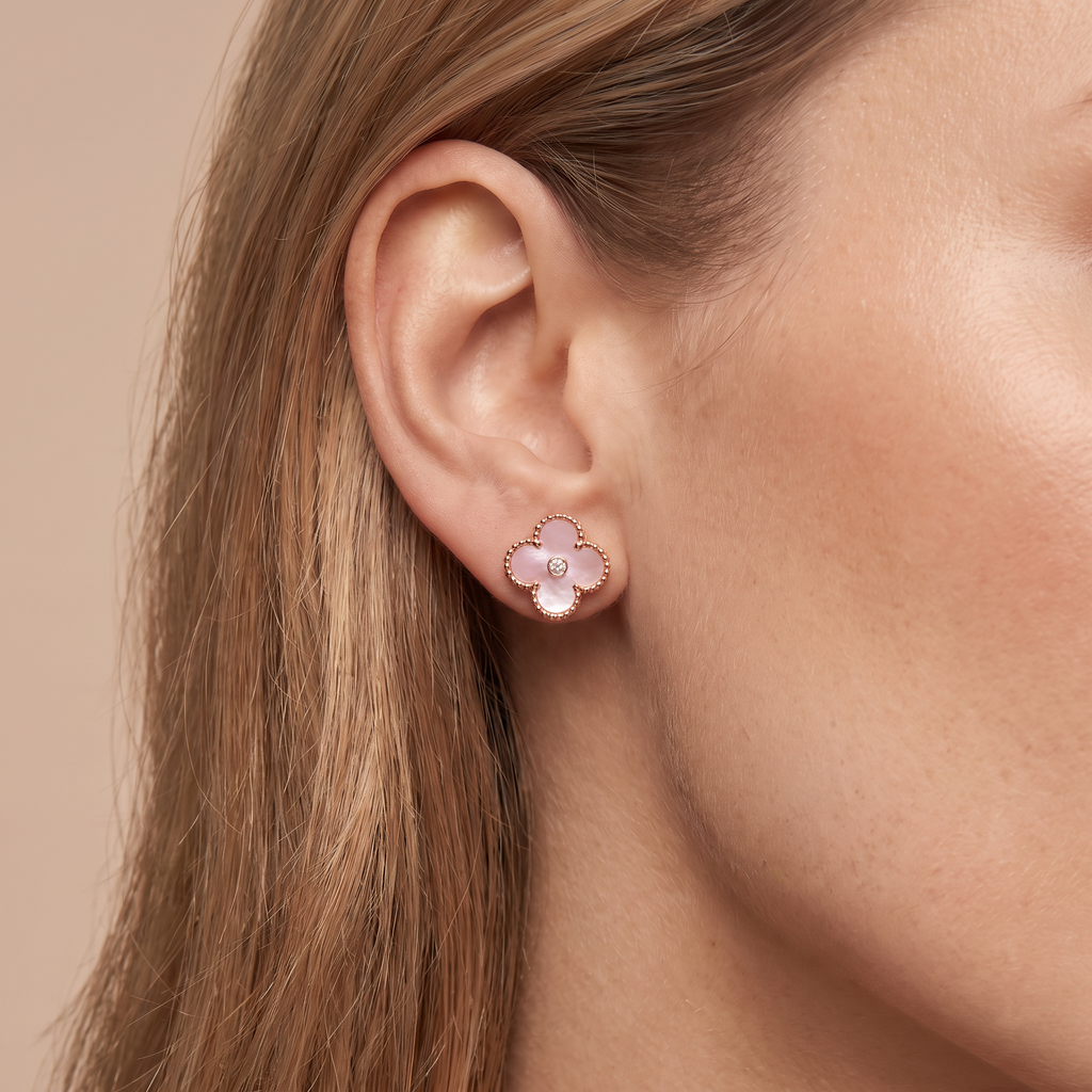 Vintage Alhambra Pink Pearl 1 Diamond Clover Earrings