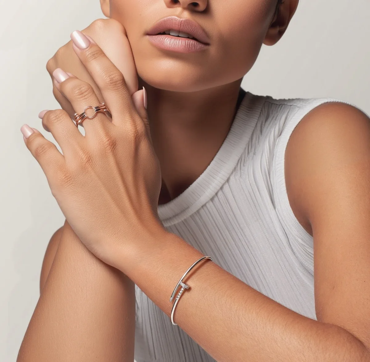 Elegant White Gold Nail Inspired Bangle with Sparkling Crystals Small Model 4