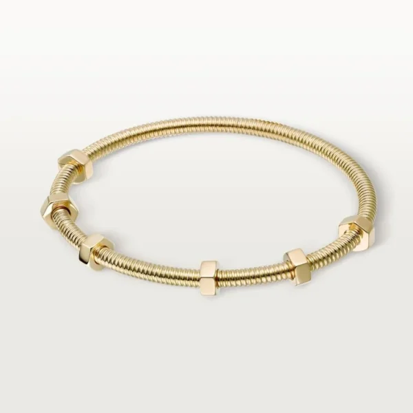 Gold Coil Bangle Bracelet with Hex Nut Accents – Industrial-Inspired Minimalist Jewelry for Men and Women