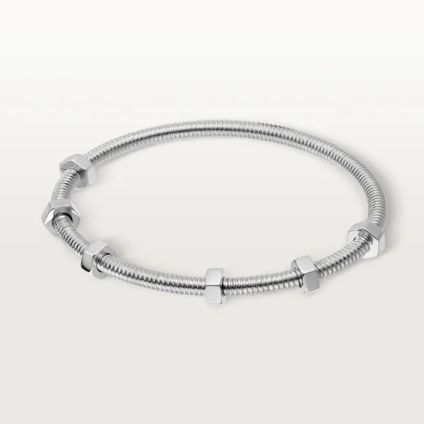 White Gold Coil Bangle Bracelet with Hex Nut Accents – Industrial-Inspired Minimalist Jewelry for Men and Women
